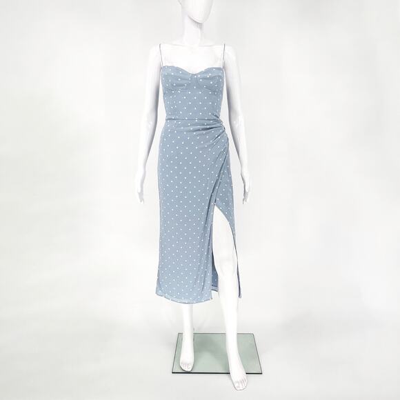 Reformation Kourtney Midi Dress Women’s Size 4 Dewdrop Polka Dot Ruched Slit - Picture 1 of 8
